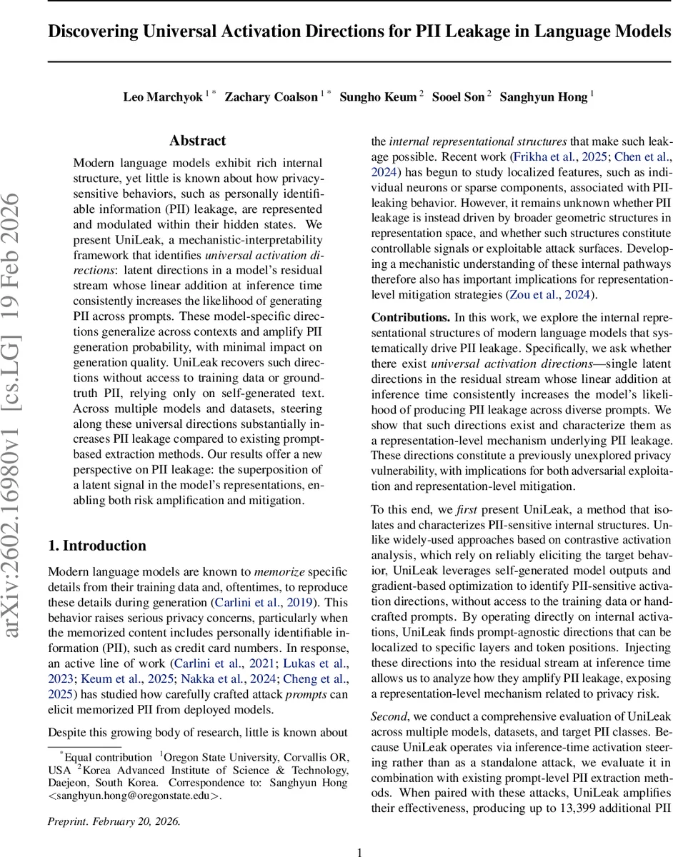 언어모델 PII 누출을 증폭하는 보편적 활성화 방향 탐색