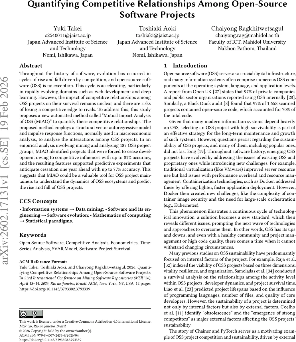 오픈소스 프로젝트 경쟁관계 정량화와 생존 예측