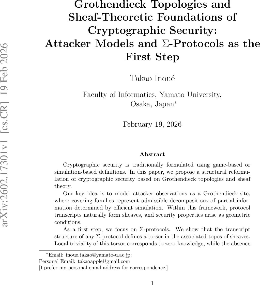 그로텐디크 위상과 층 이론으로 보는 암호 보안의 기하학적 기반