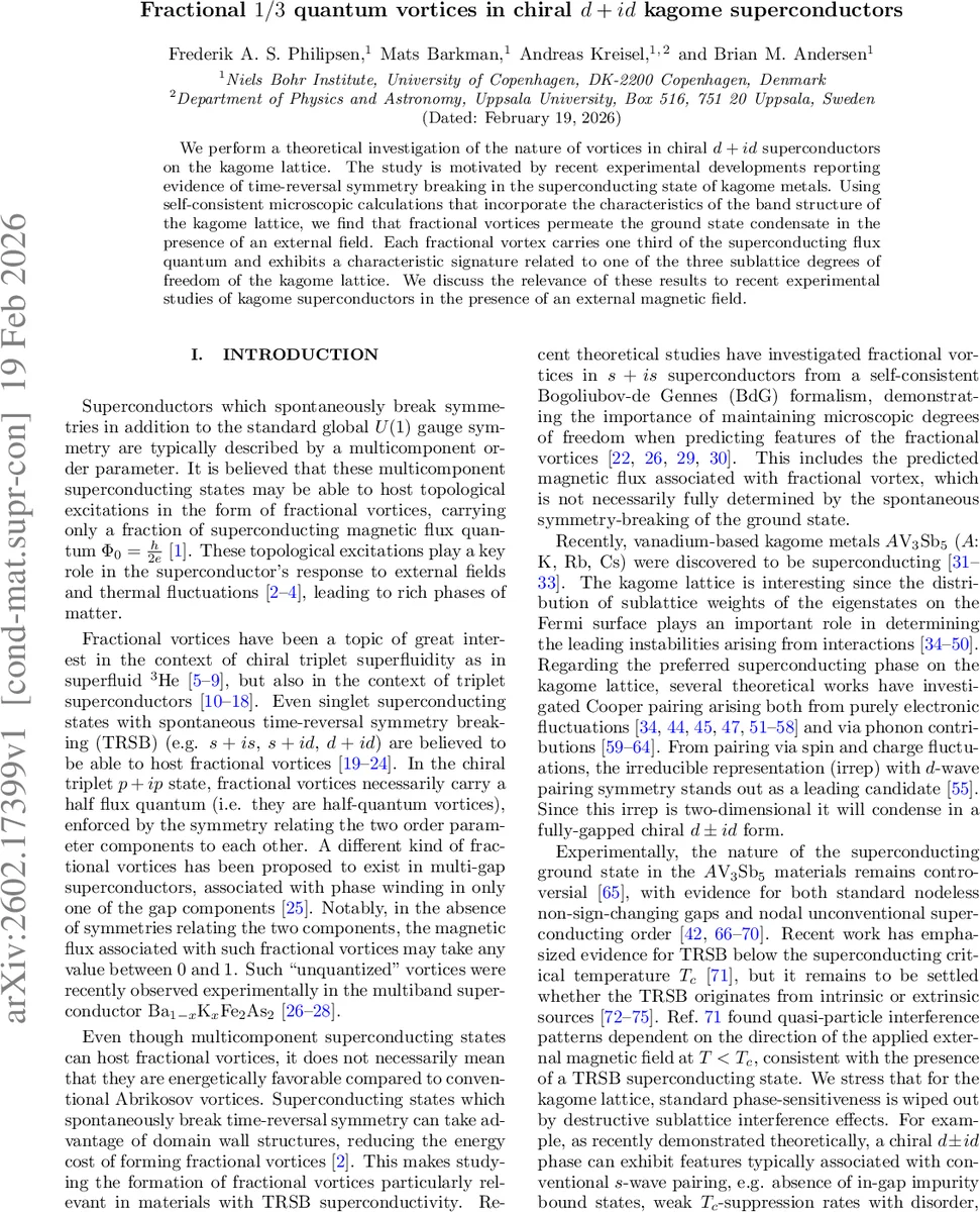 카고메 격자에서 삼분의 일 분수 양자소용돌이와 차이랄 d 플러스 d 초전도