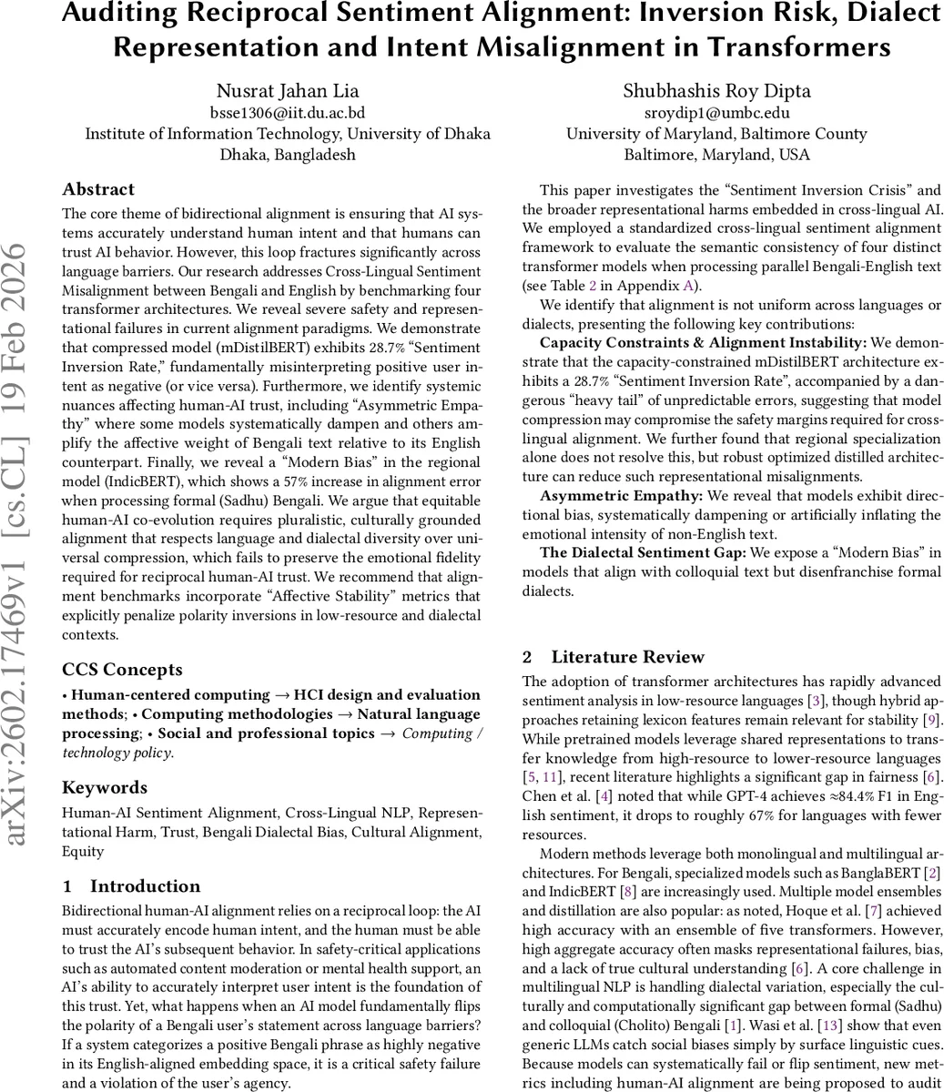 변환기 기반 감정 정렬의 역전 위험과 방언 편향