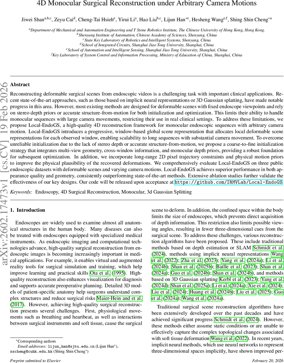 임의 카메라 움직임을 위한 단안 내시경 4D 재구성
