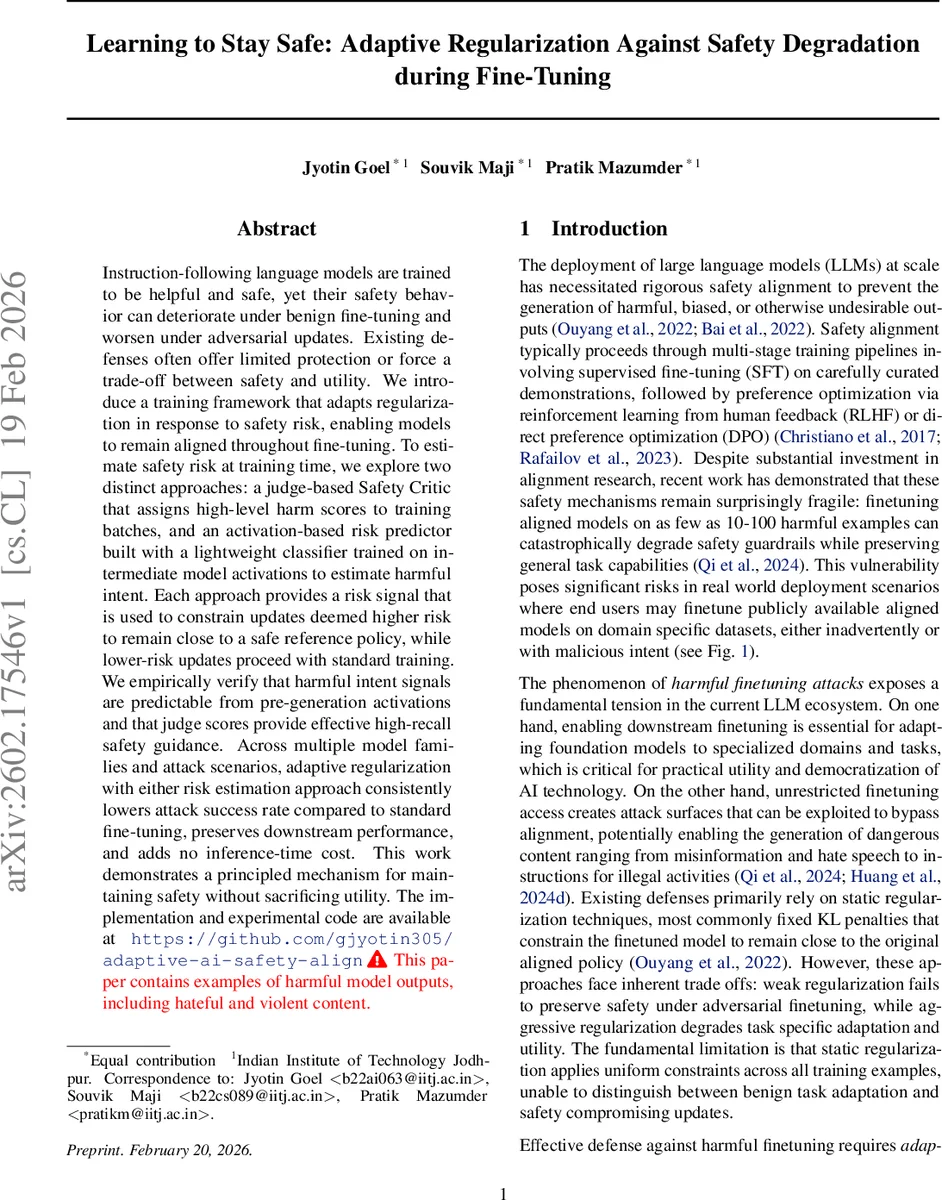 위험에 강한 파인튜닝 적응형 정규화로 안전 유지