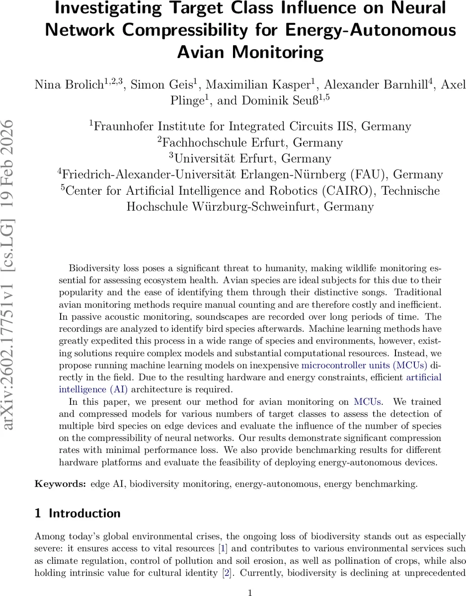 에너지 자립형 마이크로컨트롤러를 위한 새소리 인식 모델 압축 연구