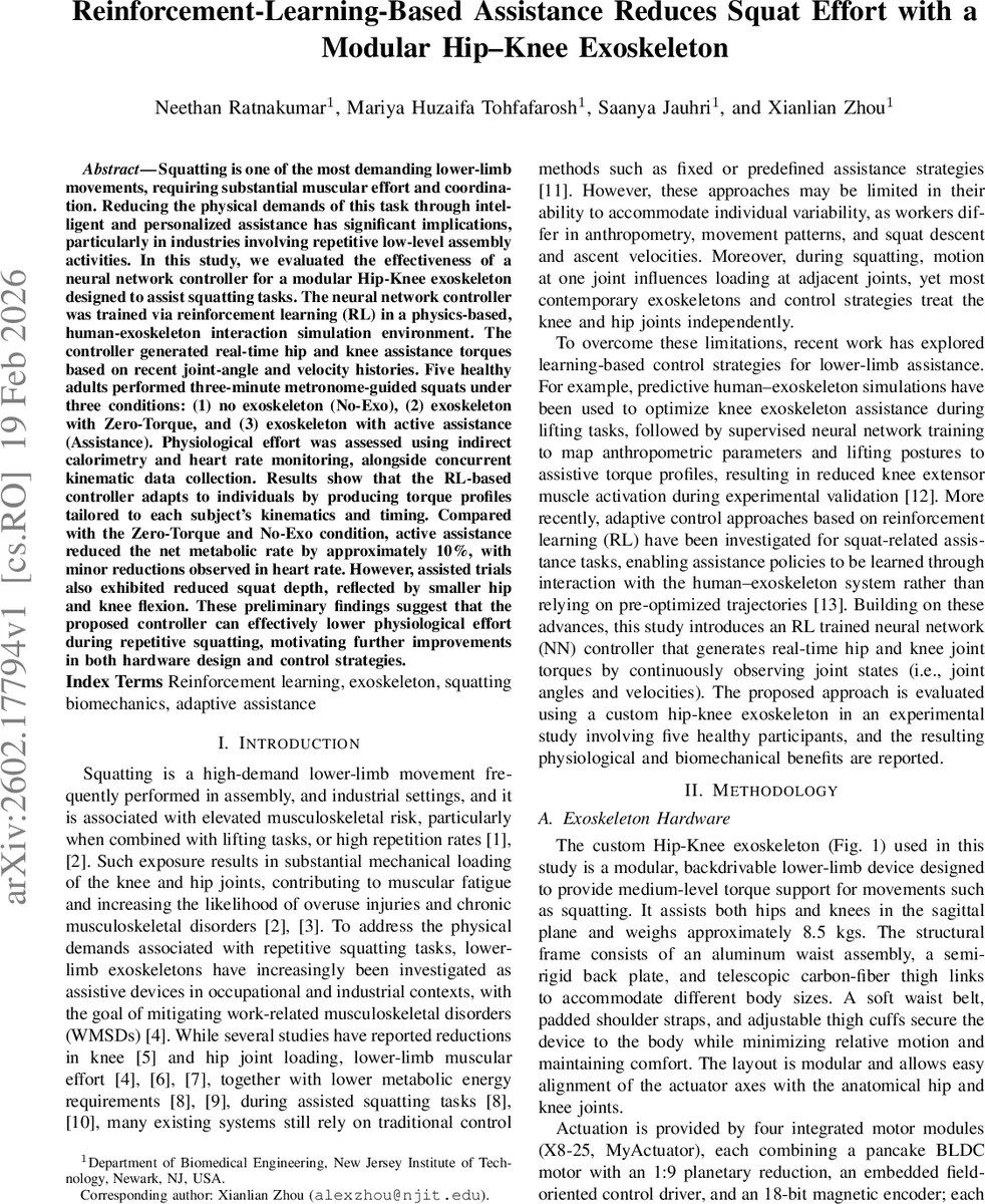 강화학습 기반 힙 무릎 외골격 스쿼트 피로 감소