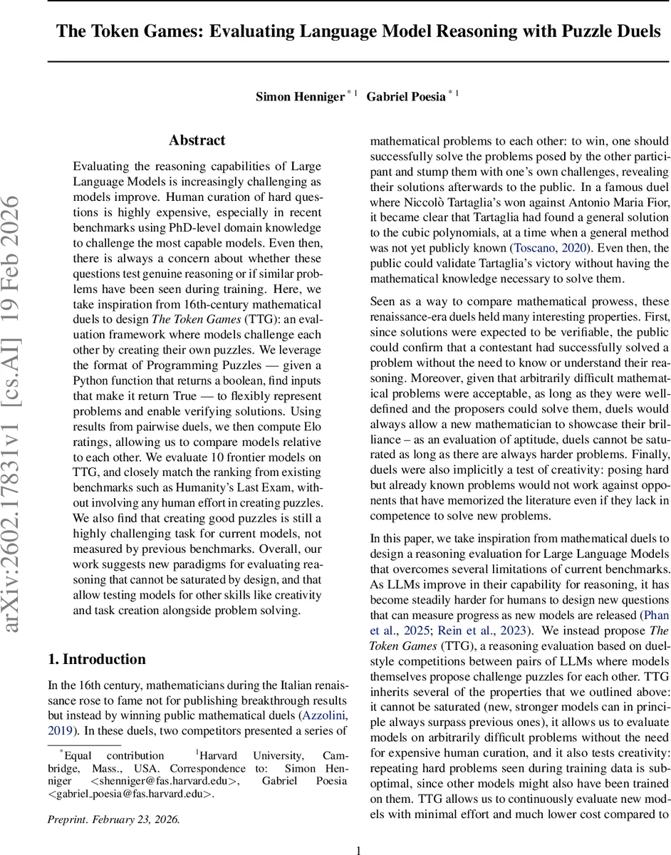 언어모델 추론을 겨루는 토큰 게임: 퍼즐 듀얼로 평가하기