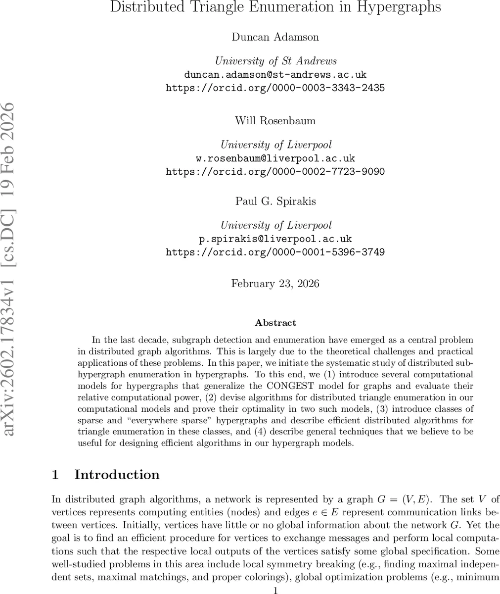 분산 하이퍼그래프에서 삼각형 열거: 모델, 알고리즘 및 최적성 분석