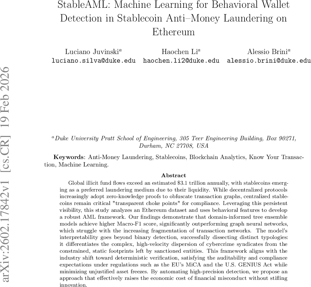 스테이블코인 AML을 위한 행동 기반 지갑 탐지와 트리 앙상블 모델의 우수성