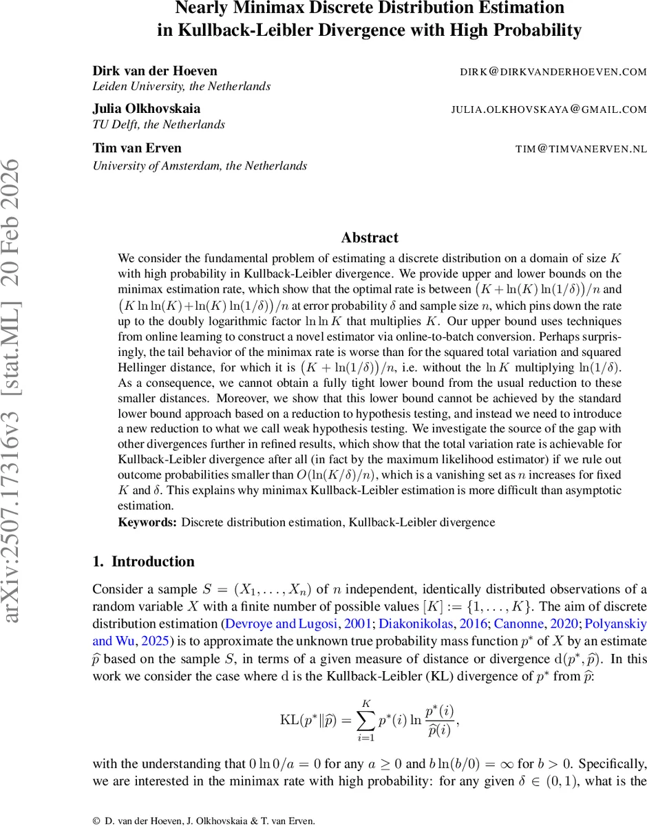 고확률 KL 발산에서 거의 최적 이산 분포 추정