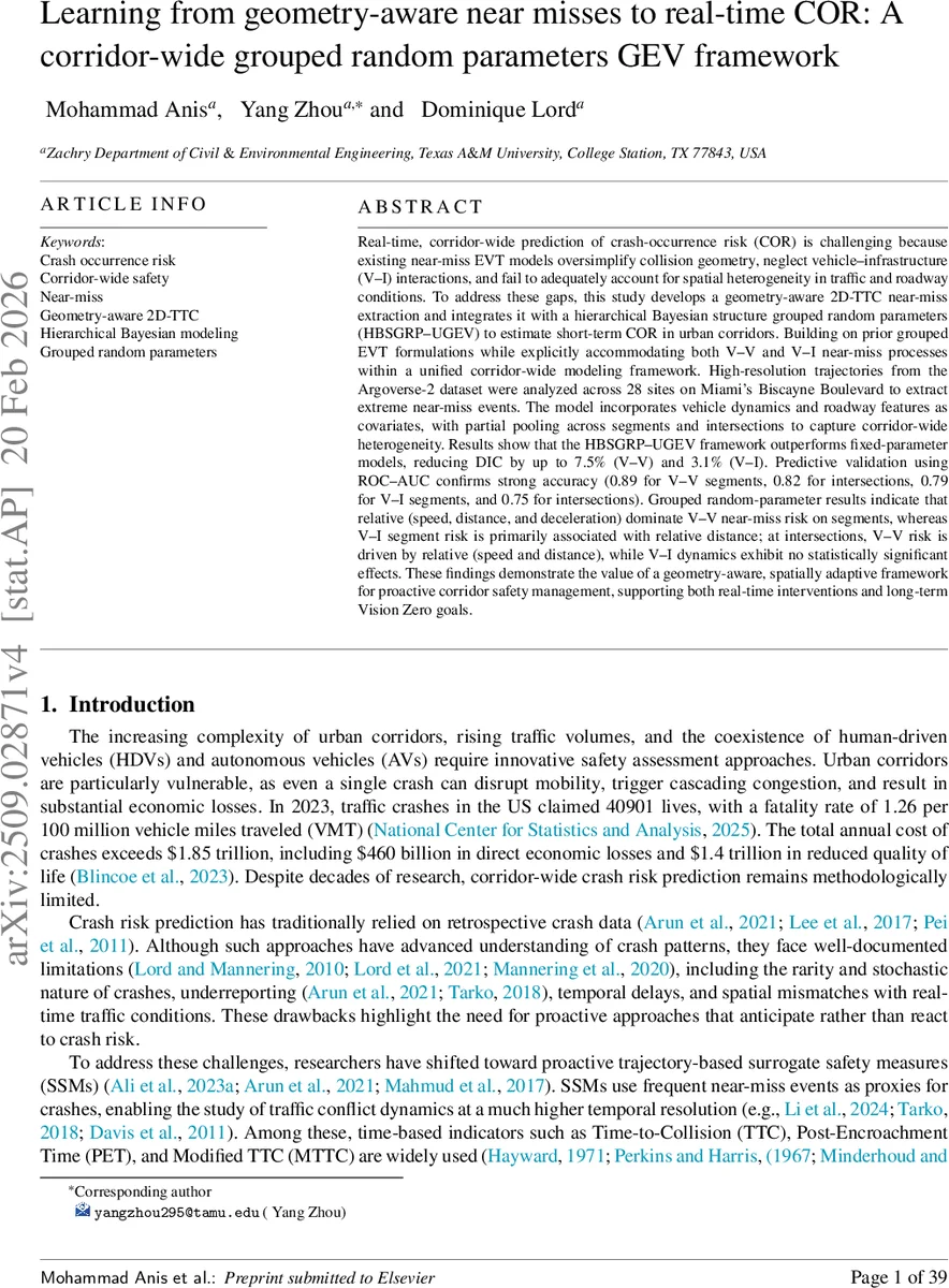 기하학 인식 근접 사고를 활용한 실시간 도로 구간 위험 예측 그룹화 랜덤 파라미터 GEV 프레임워크