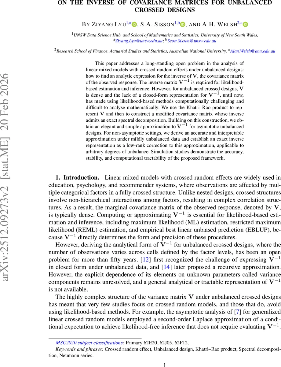 불균형 교차 설계에서 공분산 행렬 역의 새로운 해법