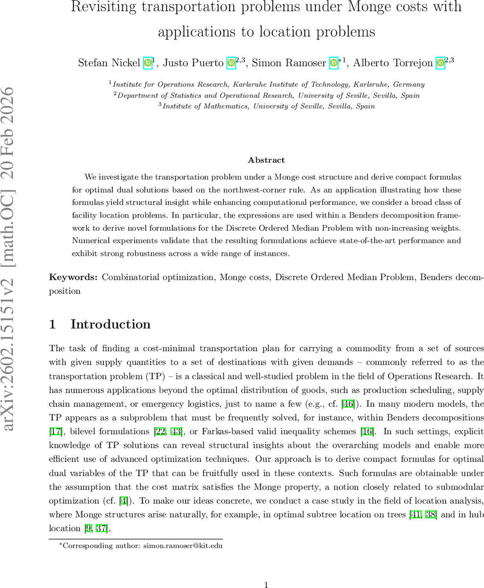 모노 비용 하의 운송 문제와 위치 최적화 적용