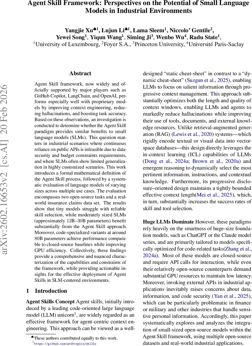 산업 현장에서 작은 언어 모델을 위한 에이전트 스킬 프레임워크 효과 분석