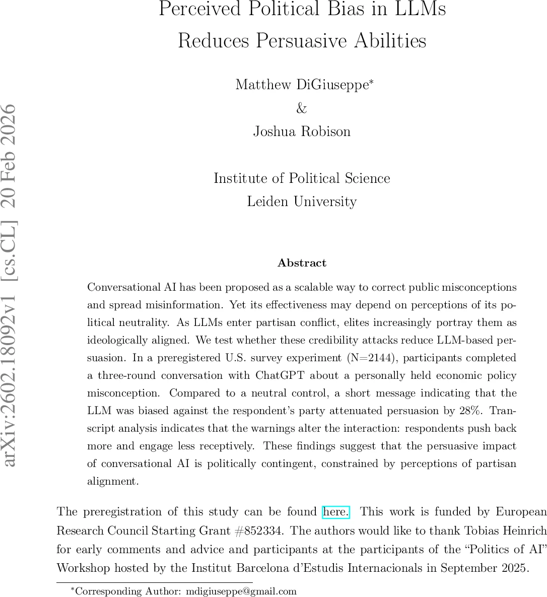 정치적 편향 인식이 LLM 설득력 감소