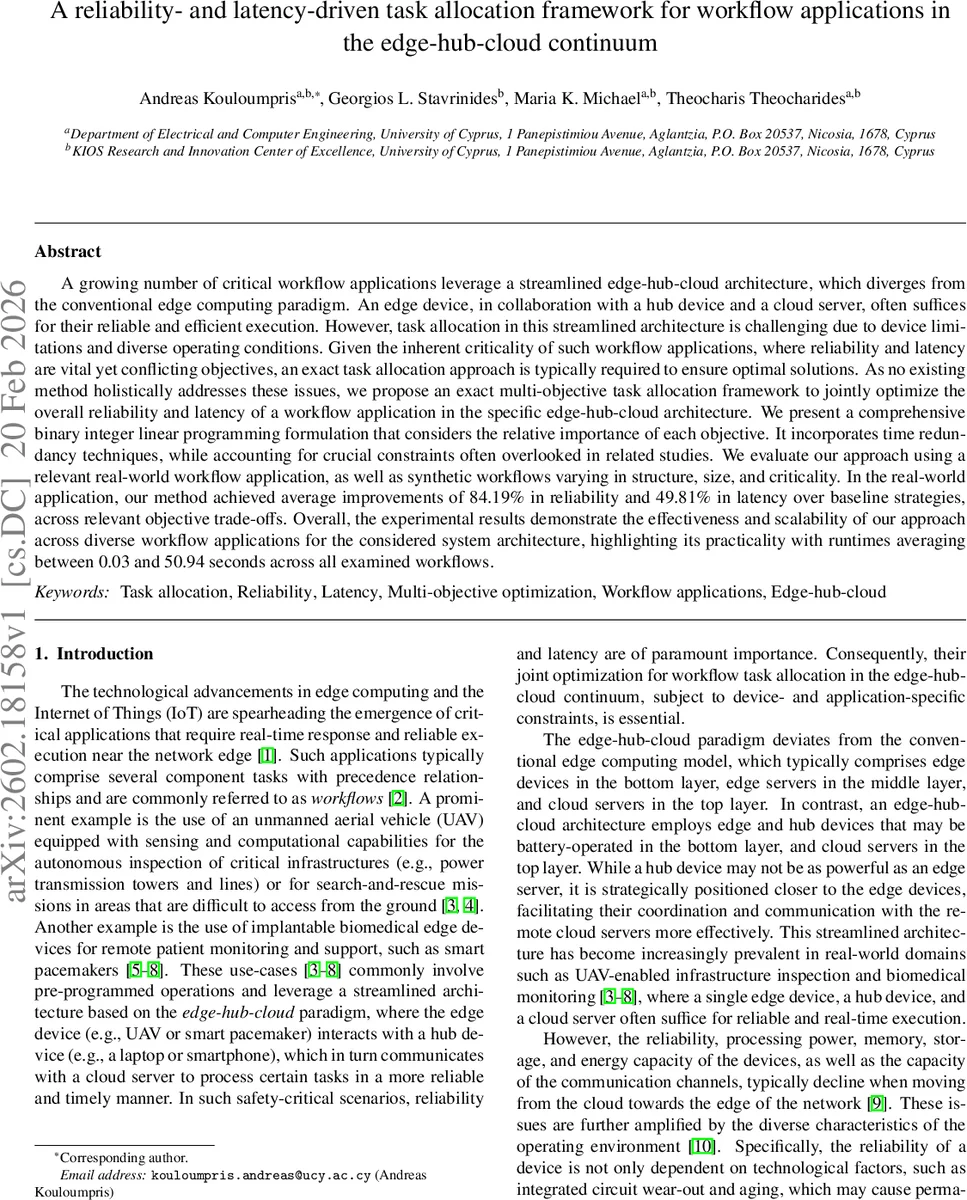 에지 허브 클라우드 연속체 워크플로우 작업 할당 신뢰성 및 지연 최적화 프레임워크