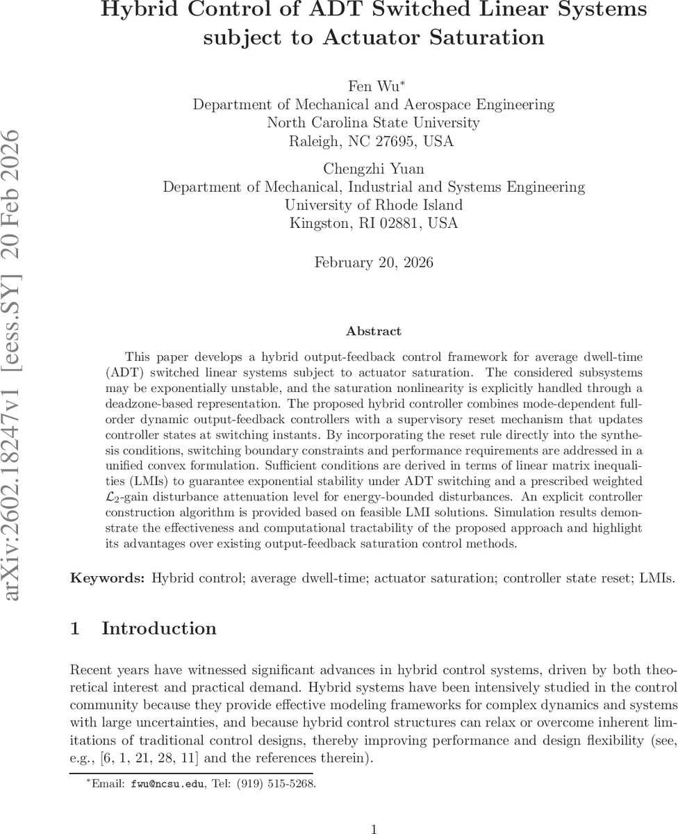 액추에이터 포화와 평균 체류시간을 고려한 하이브리드 출력 피드백 제어