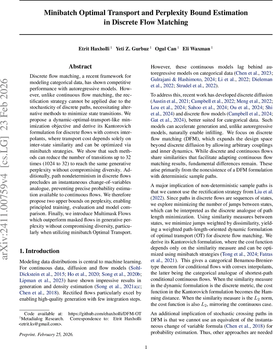 미니배치 최적수송과 퍼플렉시티 상한을 이용한 이산 흐름 매칭