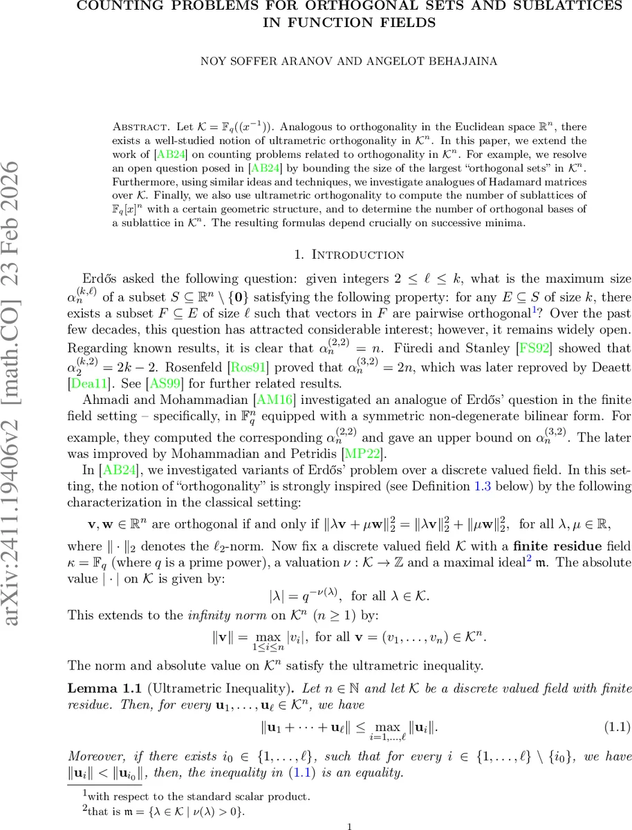 함수체 위 초거리 직교 집합과 하다마드 행렬, 격자 구조의 새로운 계수법