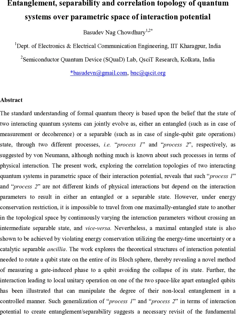 상호작용 퍼텐셜로 보는 양자 얽힘과 분리 위상 토폴로지