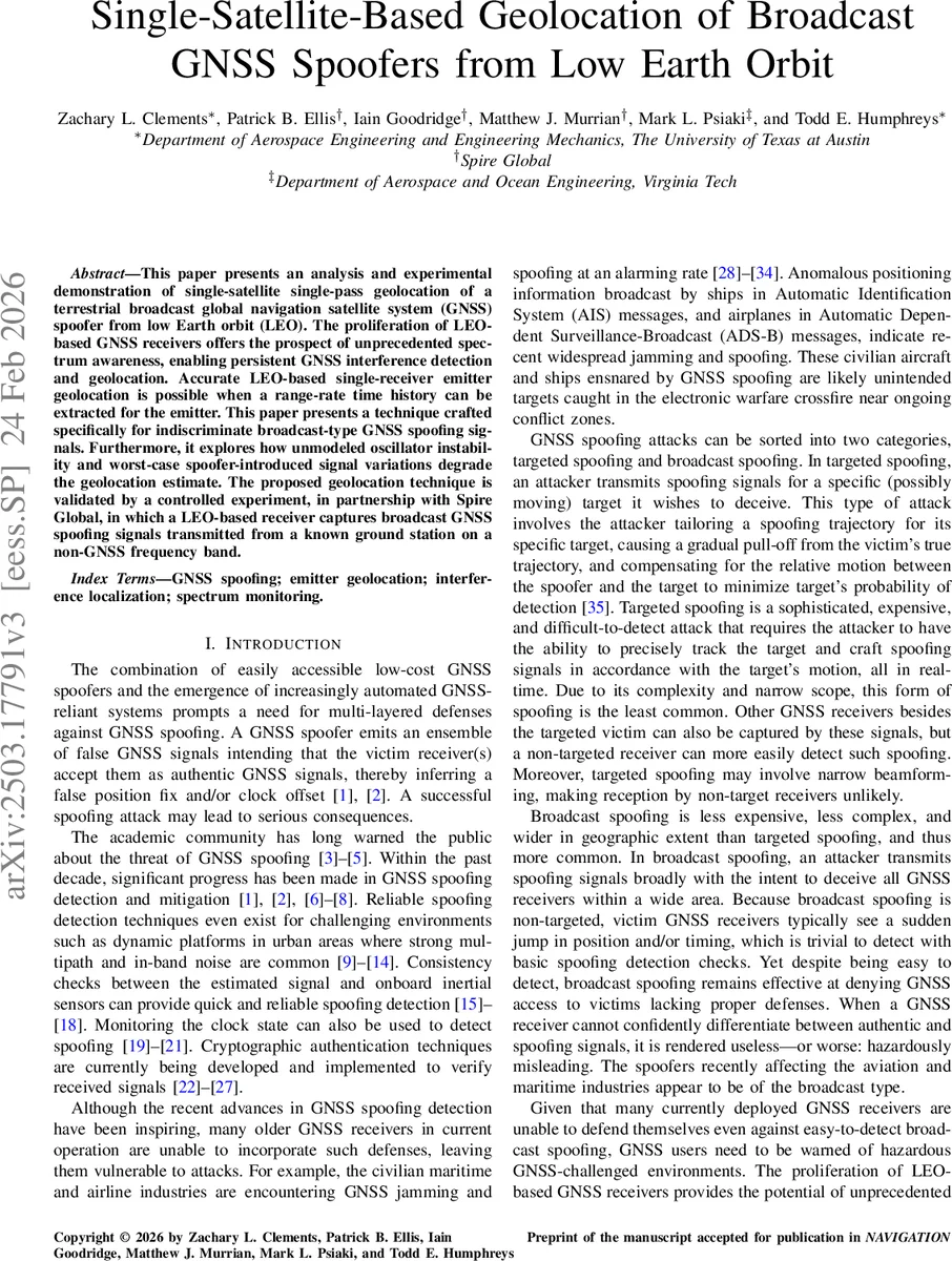 LEO 위성 단일관측으로 방송형 GNSS 스푸퍼 위치추정