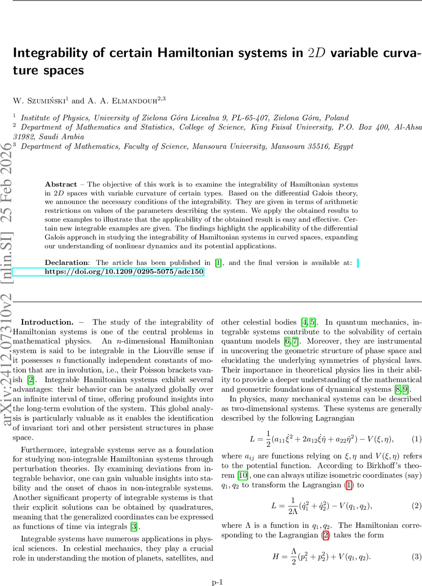 곡률이 변하는 2차원 공간에서의 해밀토니안 적분가능성 조건