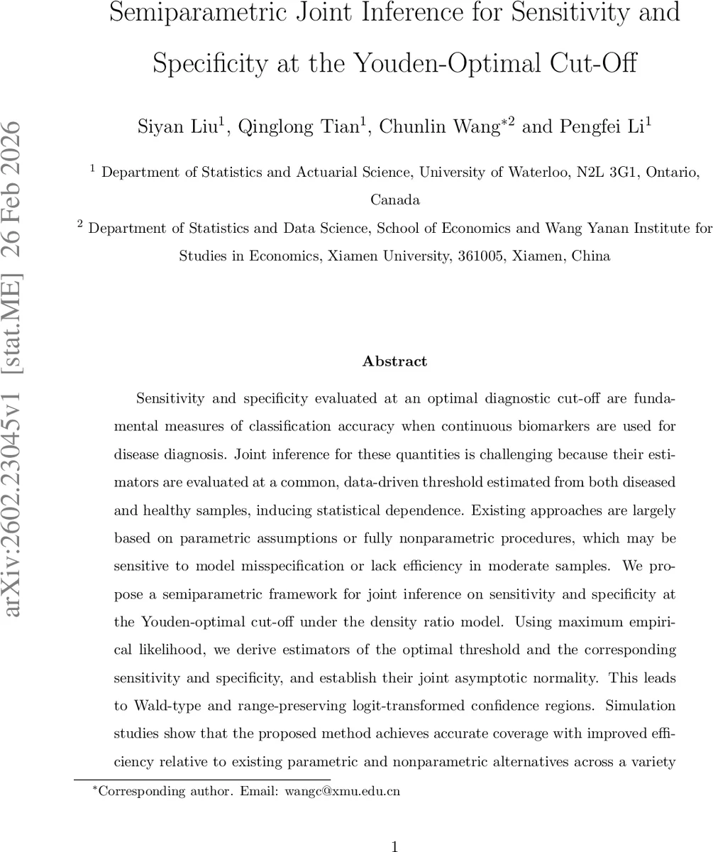 밀도비율 모델 기반 Youden 최적 임계값에서 민감도·특이도 공동 추정