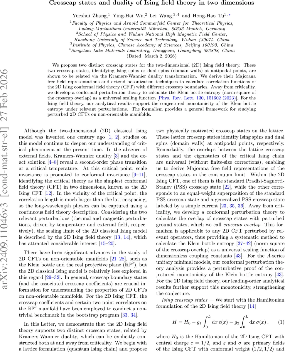 이징 필드 이론의 크로스캡 상태와 쌍대성