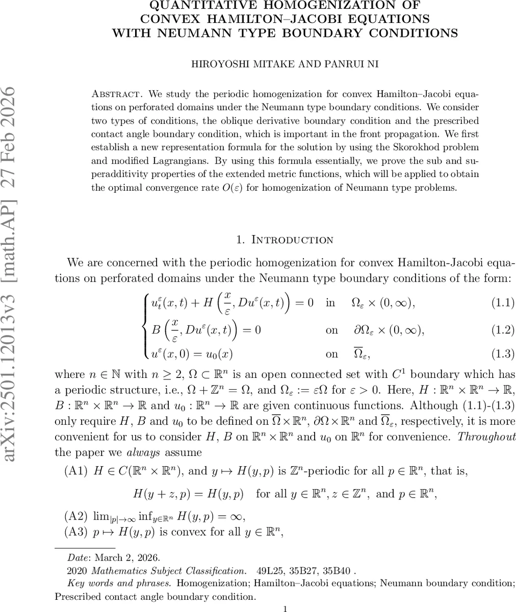 주기적 구조에서 Neumann 경계조건을 갖는 볼록 Hamilton Jacobi 방정식의 정량적 동질화