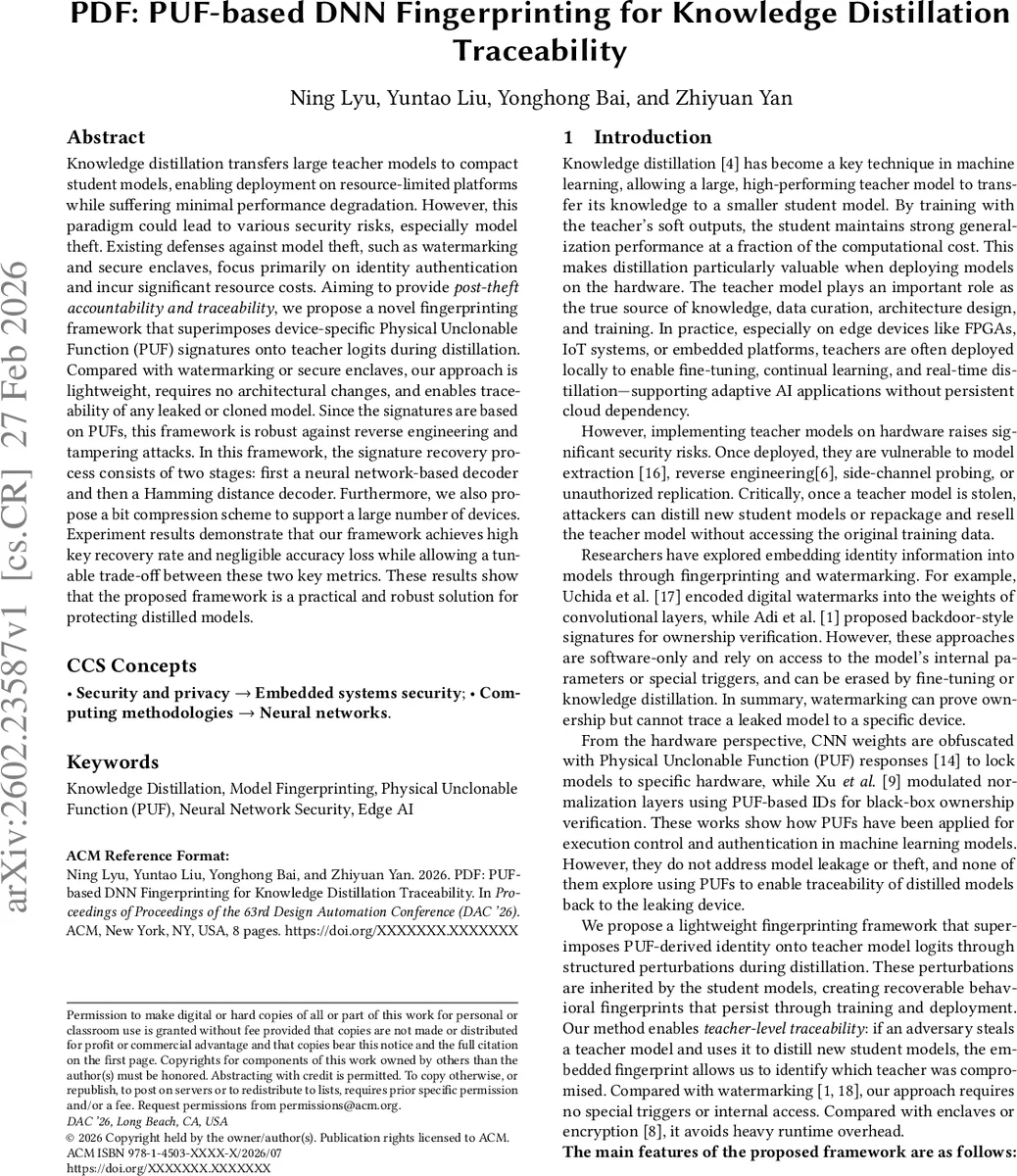 PUF 기반 지식 증류 모델 지문 추적 시스템
