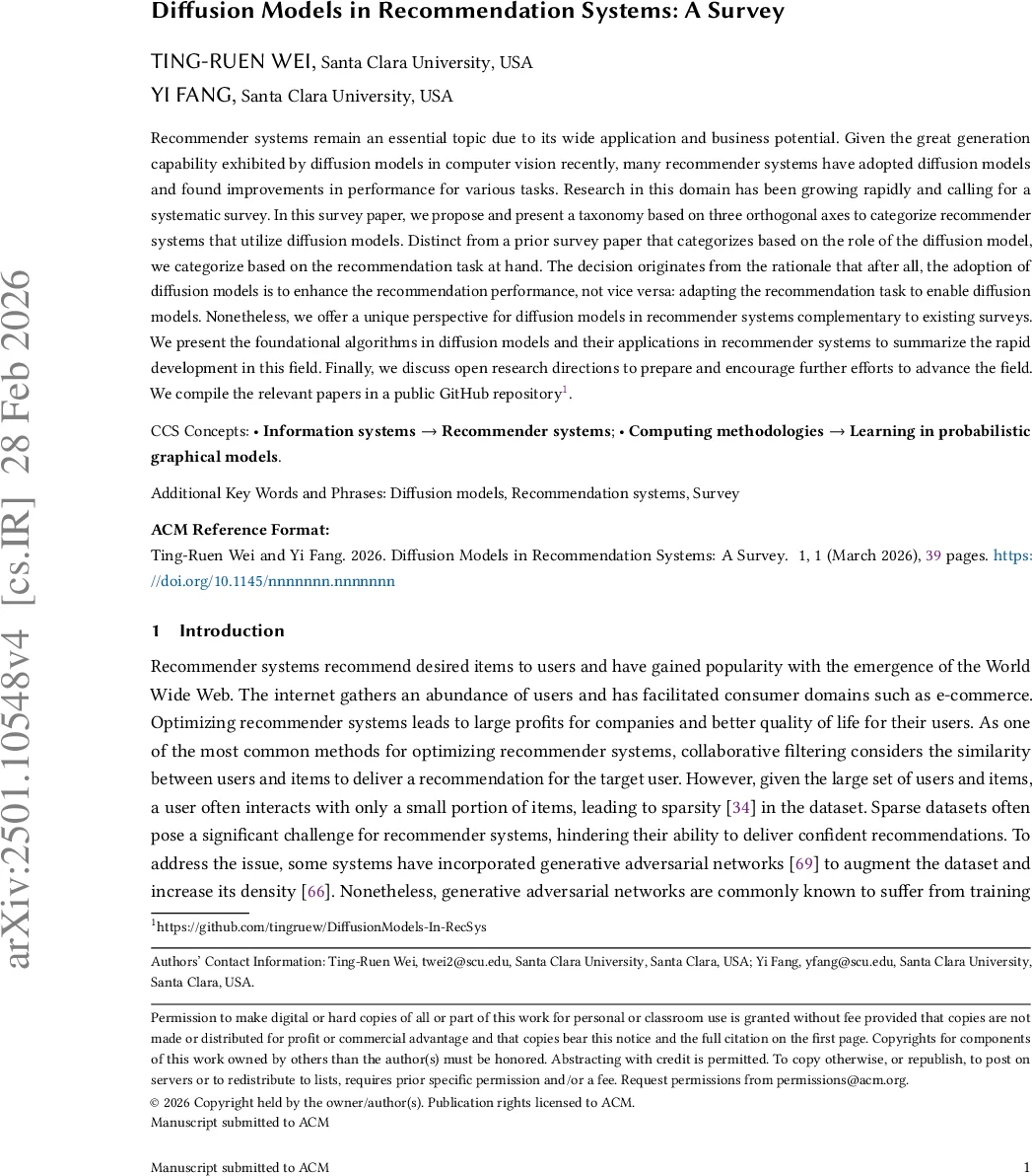 추천 시스템에서 확산 모델 최신 동향과 과제