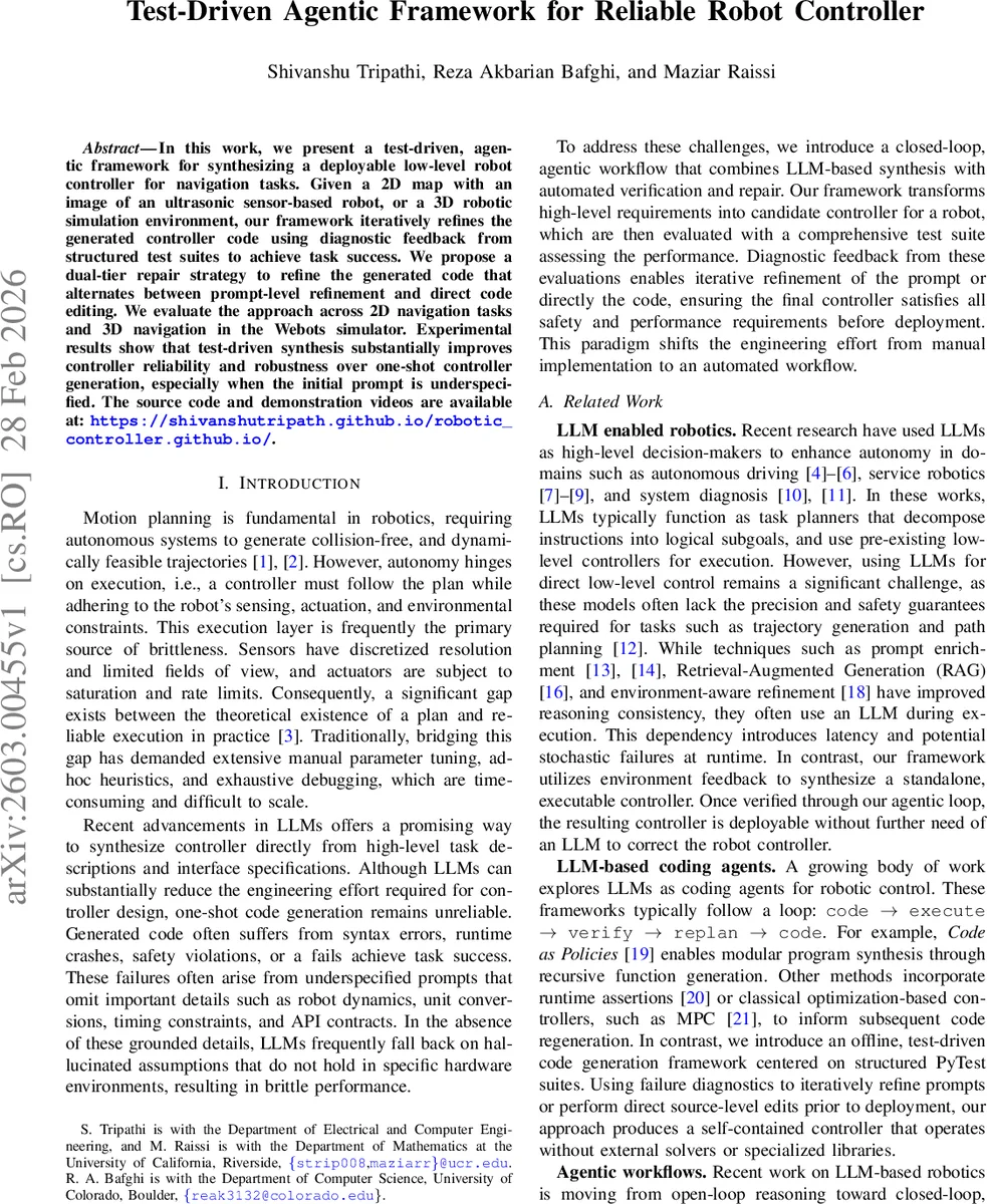 테스트‑주도 에이전틱 로봇 제어기 합성 프레임워크