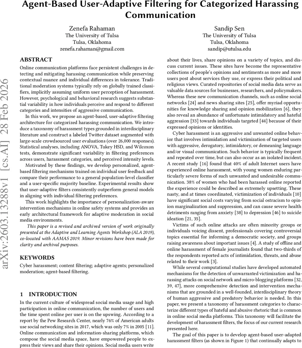 사용자 맞춤형 에이전트 기반 온라인 괴롭힘 필터링
