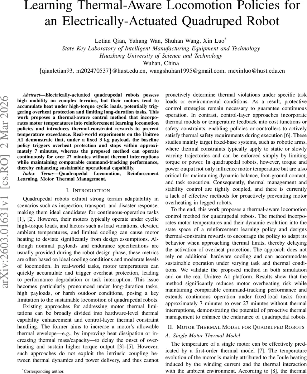 전기 구동 사족보행 로봇을 위한 열 인식 보행 정책 학습