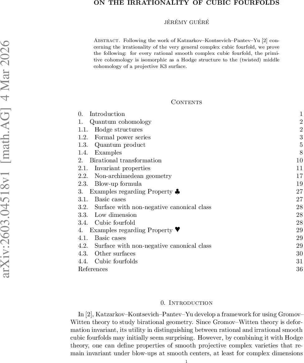 큐빅 사차원체의 비유리성 및 K3 표면과의 Hodge 동형성