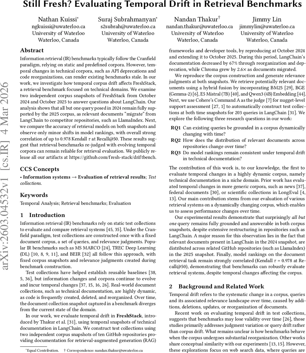 시간에 따라 변하는 IR 벤치마크, FreshStack의 지속 가능성 분석
