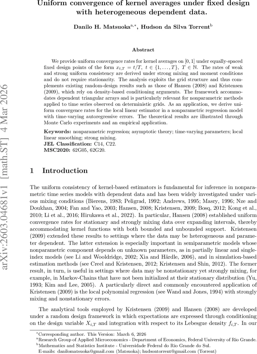 고정 설계와 이질적 종속 데이터에서 커널 평균의 균일 수렴