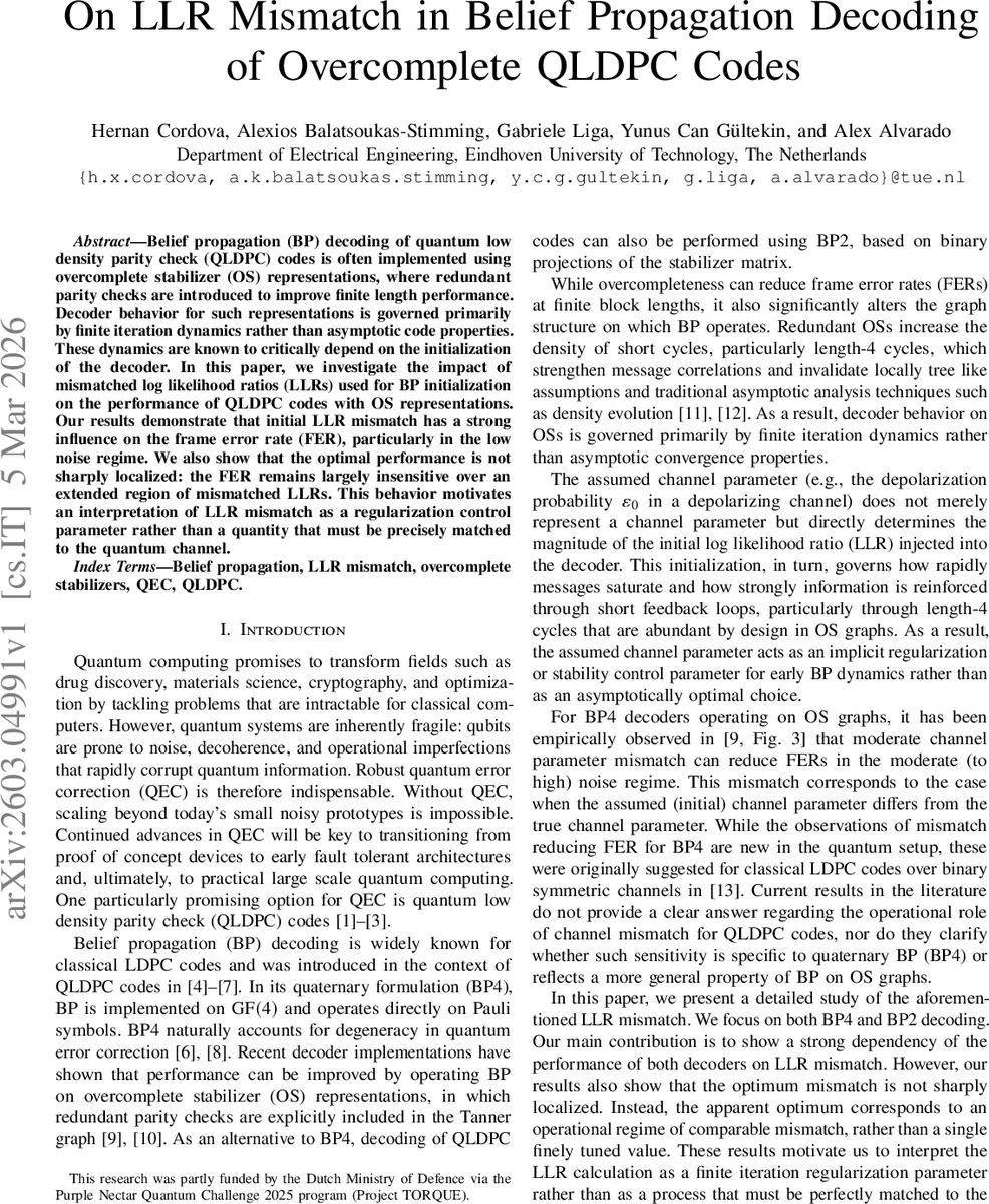 오버컴플리트 QLDPC 코드 BP 디코딩에서 LLR 불일치의 규제 효과