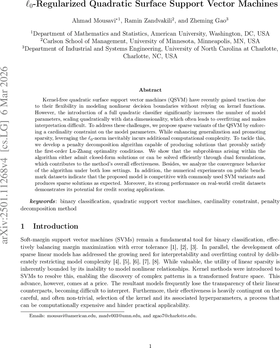 엘제로 정규화 이차곡면 서포트 벡터 머신