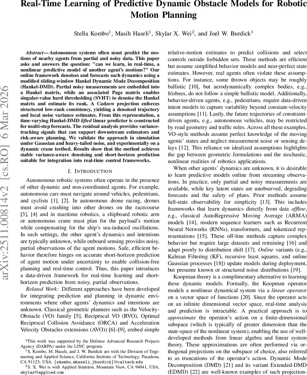 실시간 동적 장애물 예측 모델 학습: 노이즈 제거와 단기 예측을 위한 Hankel DMD 기법
