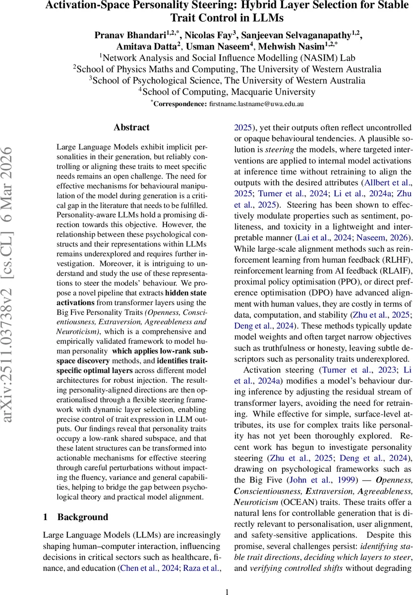 활성공간 기반 성격 조절: 하이브리드 레이어 선택으로 LLM의 특성 제어 강화