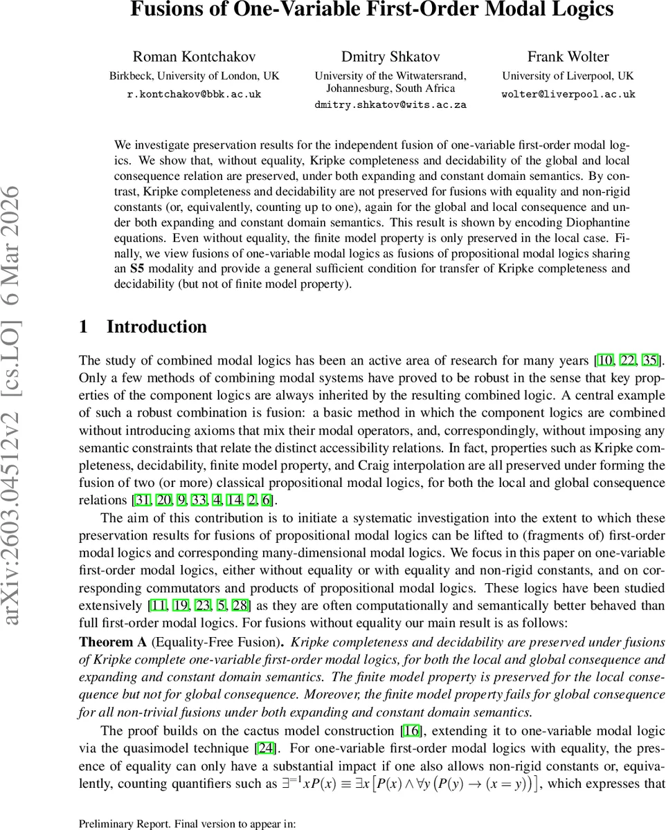 일변량 일차 모달 논리의 융합과 보존성 연구