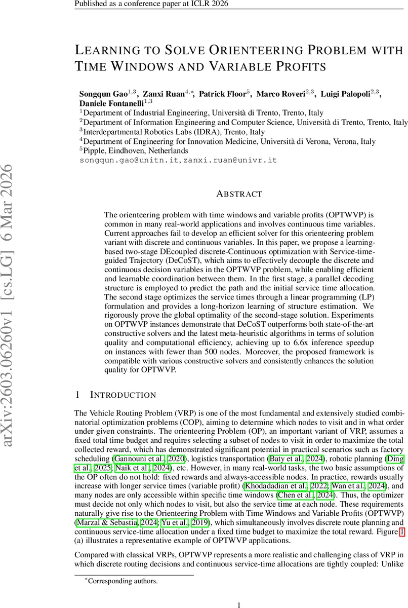 시간창과 가변 이익을 고려한 오리엔티어링 문제 해결을 위한 학습 기반 이산‑연속 최적화 프레임워크