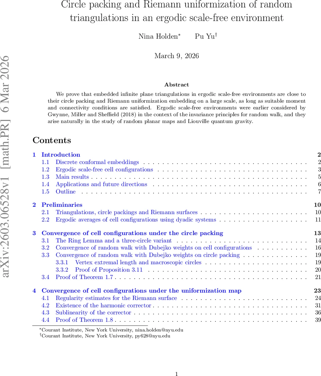 무작위 삼각분할의 원패킹과 리만 균일화, 대규모 스케일에서의 일치성