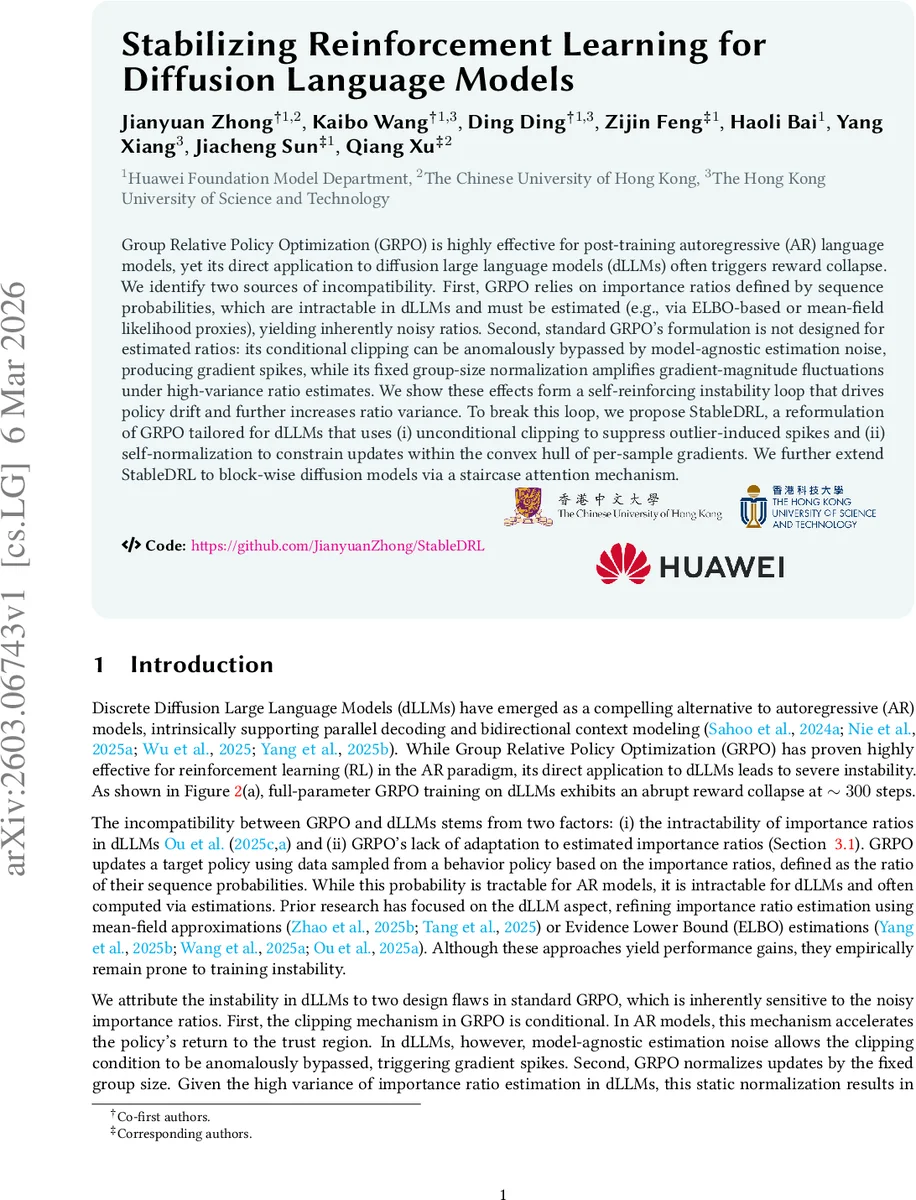 디퓨전 언어 모델 강화학습 안정화 방안