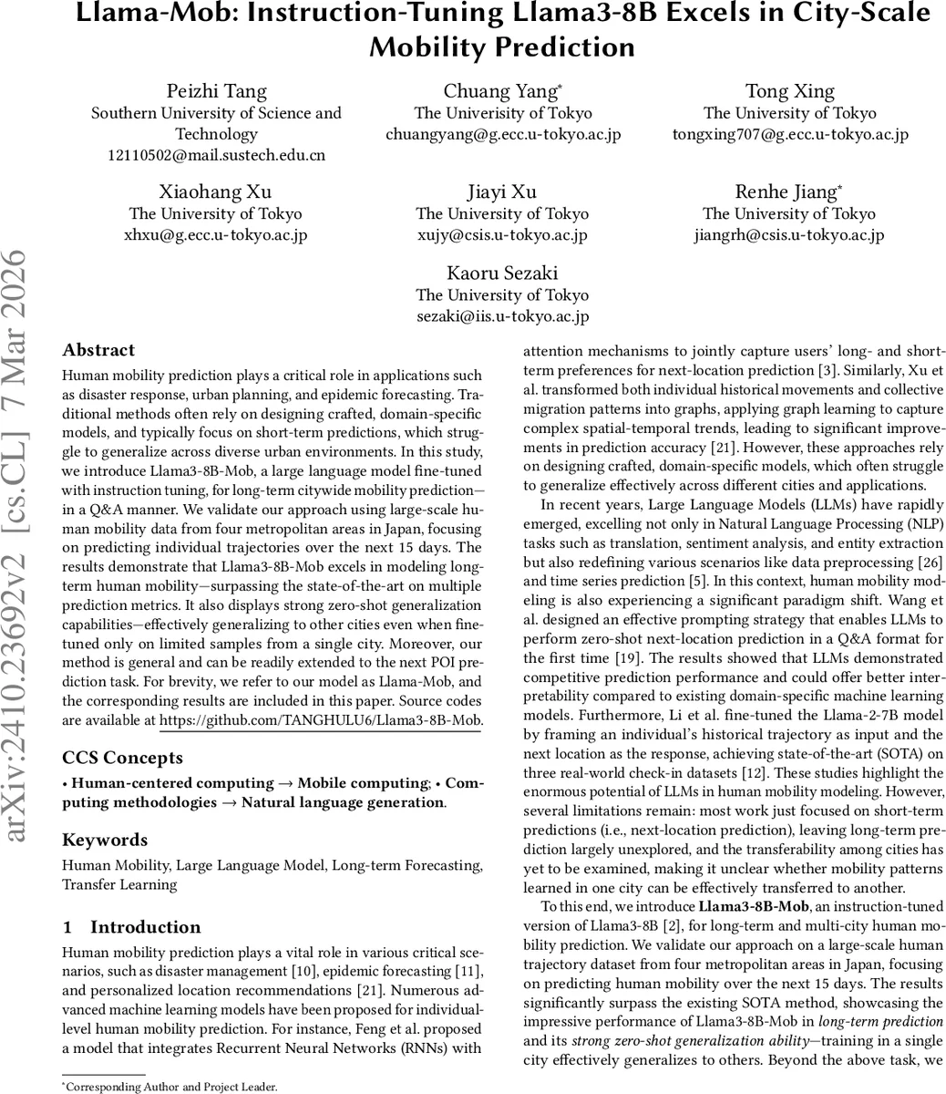 LLM 기반 도시 규모 이동 예측, Llama‑Mob이 15일 장기 예측을 선도