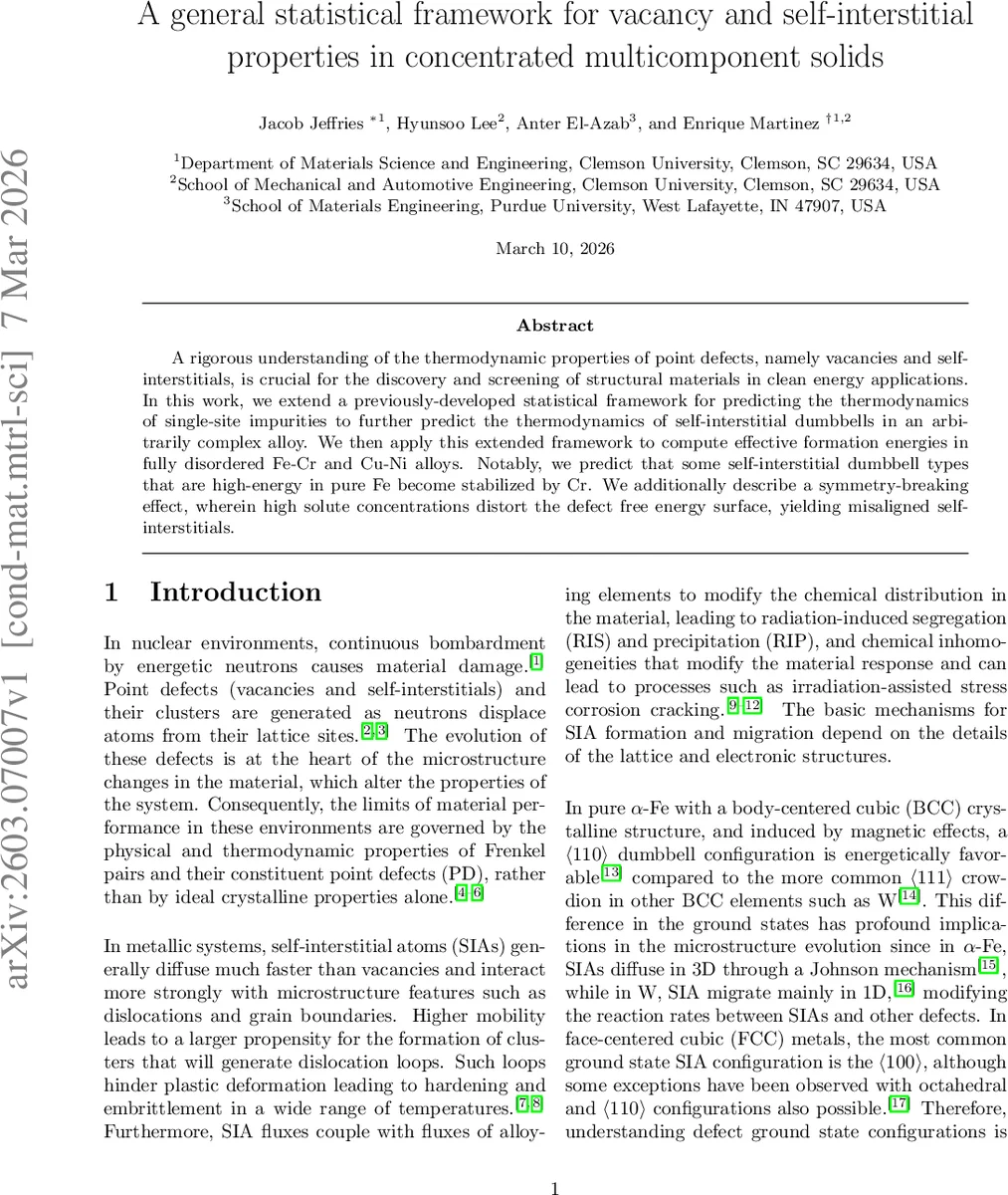 다중성분 합금의 빈자리와 자기간격 원자 결함을 위한 일반 통계적 프레임워크