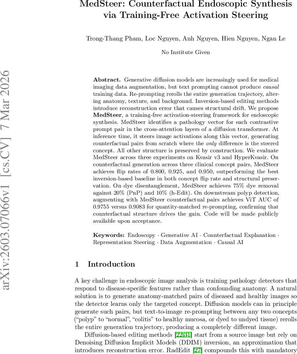 MedSteer 훈련 없이 활성화 조정으로 구현하는 내시경 이미지 반사실성 합성