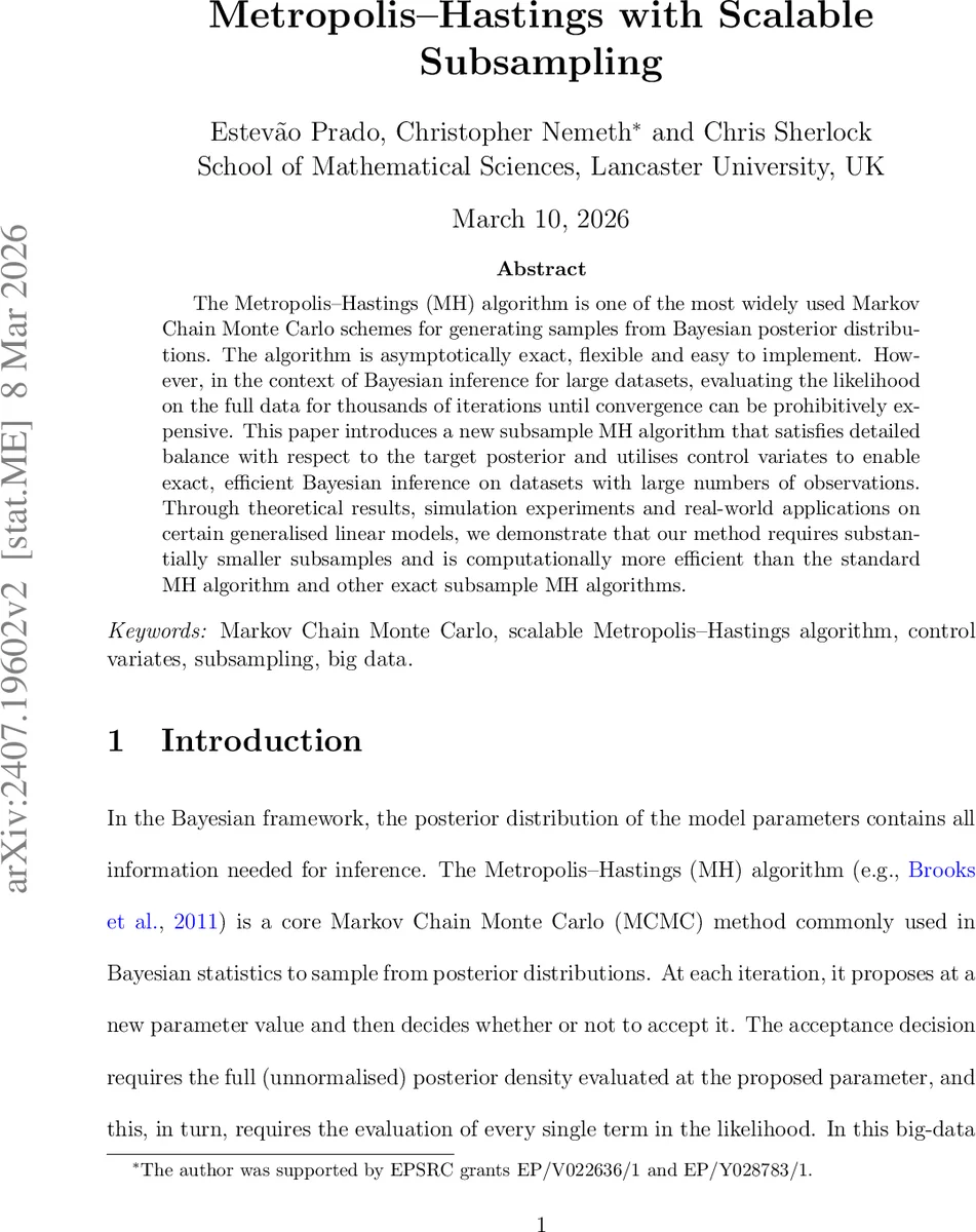 대규모 데이터에 대한 정확한 메트로폴리스‑헤스팅스 서브샘플링