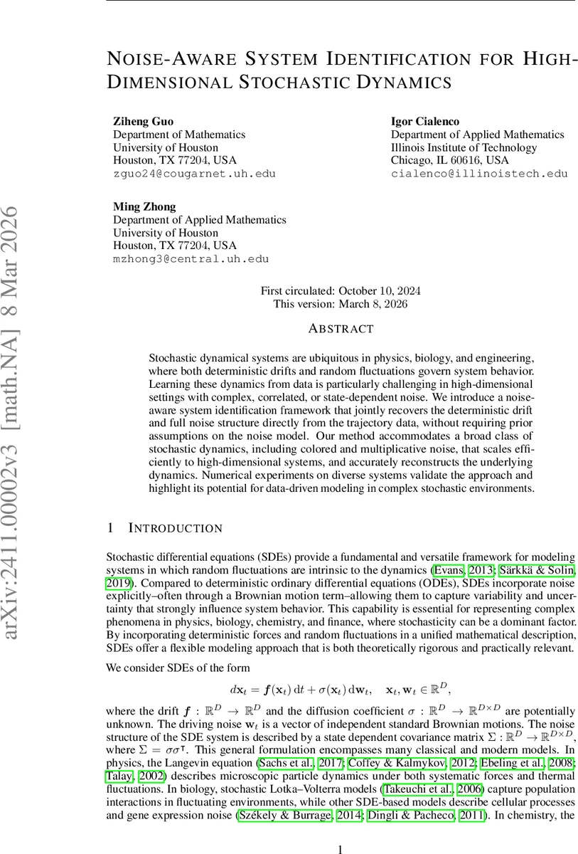 고차원 확률 동역학을 위한 소음 인식 시스템 식별