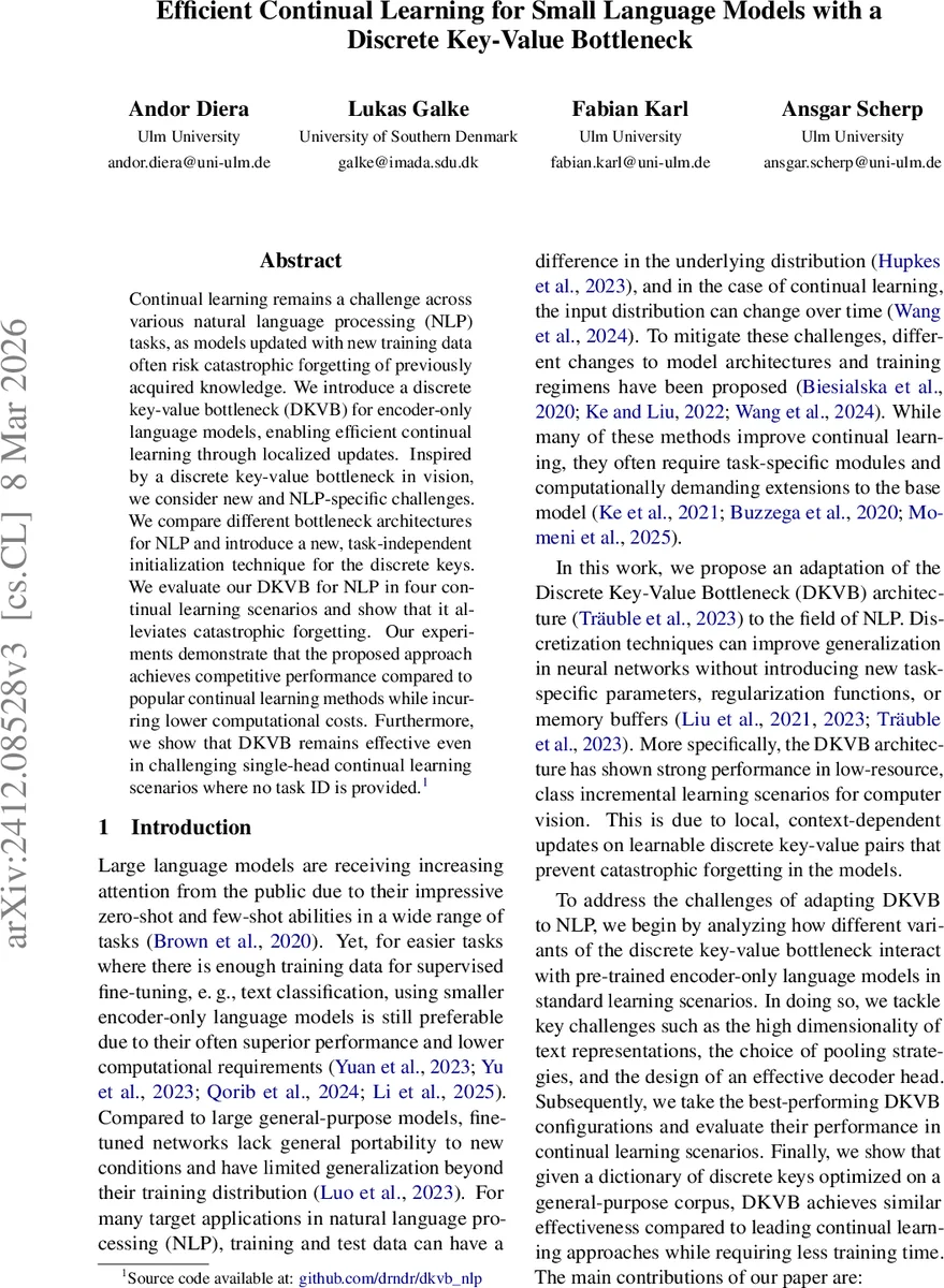 작은 언어 모델을 위한 효율적인 지속 학습: 이산 키‑값 병목 활용